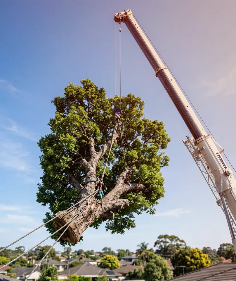 Crane lifting a large tree section during a controlled removal in Fairfield County