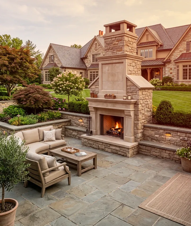 Custom stone patio and outdoor fireplace at a Fairfield County property