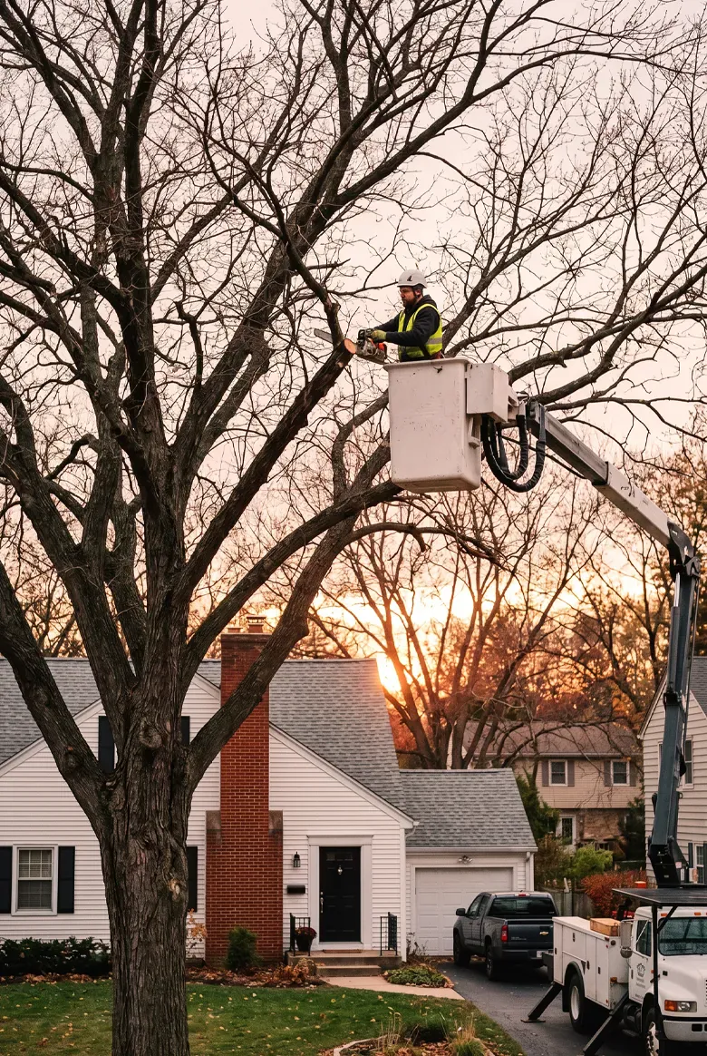Bucket truck crew removing tree limbs beside a Norwalk, Connecticut home