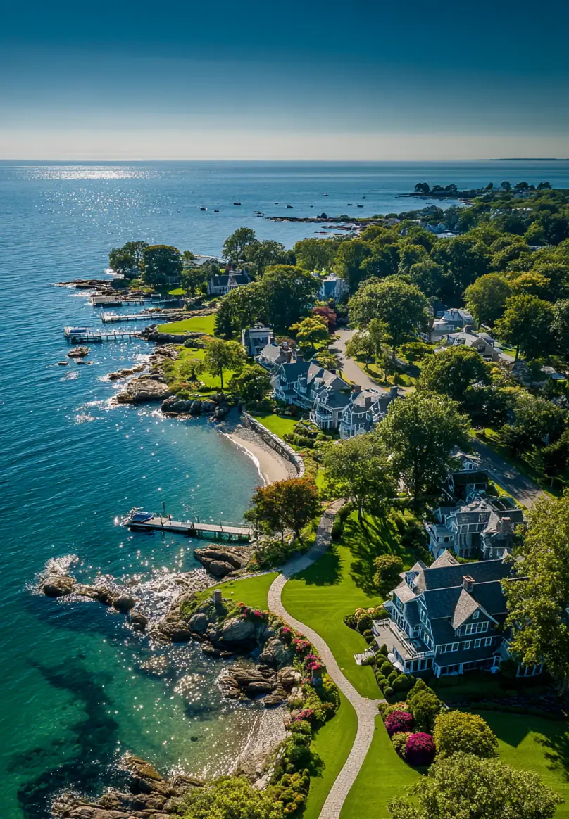 Aerial view of coastal homes, mature trees, and the Long Island Sound shoreline in Darien, Connecticut