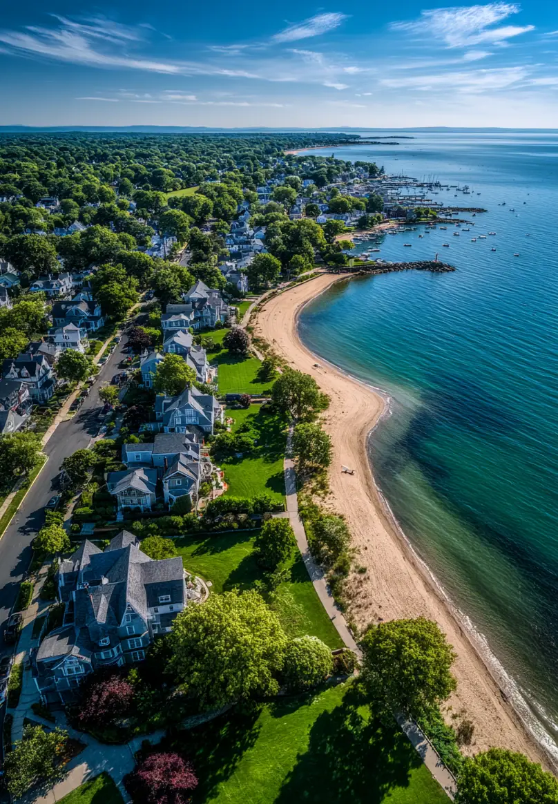 Aerial view of Fairfield beach, coastal homes, mature trees, and Long Island Sound in Fairfield, Connecticut