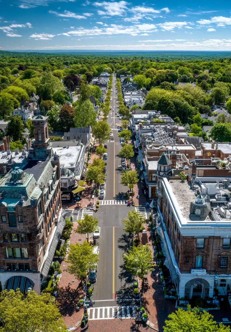 Aerial view of downtown Greenwich and surrounding tree-lined neighborhoods in Greenwich, Connecticut