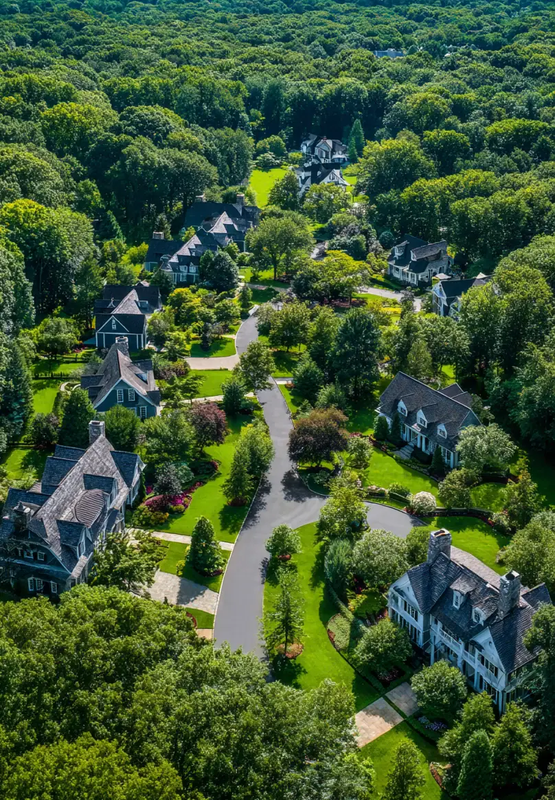 Aerial view of tree-lined residential estates and mature landscaping in New Canaan, Connecticut