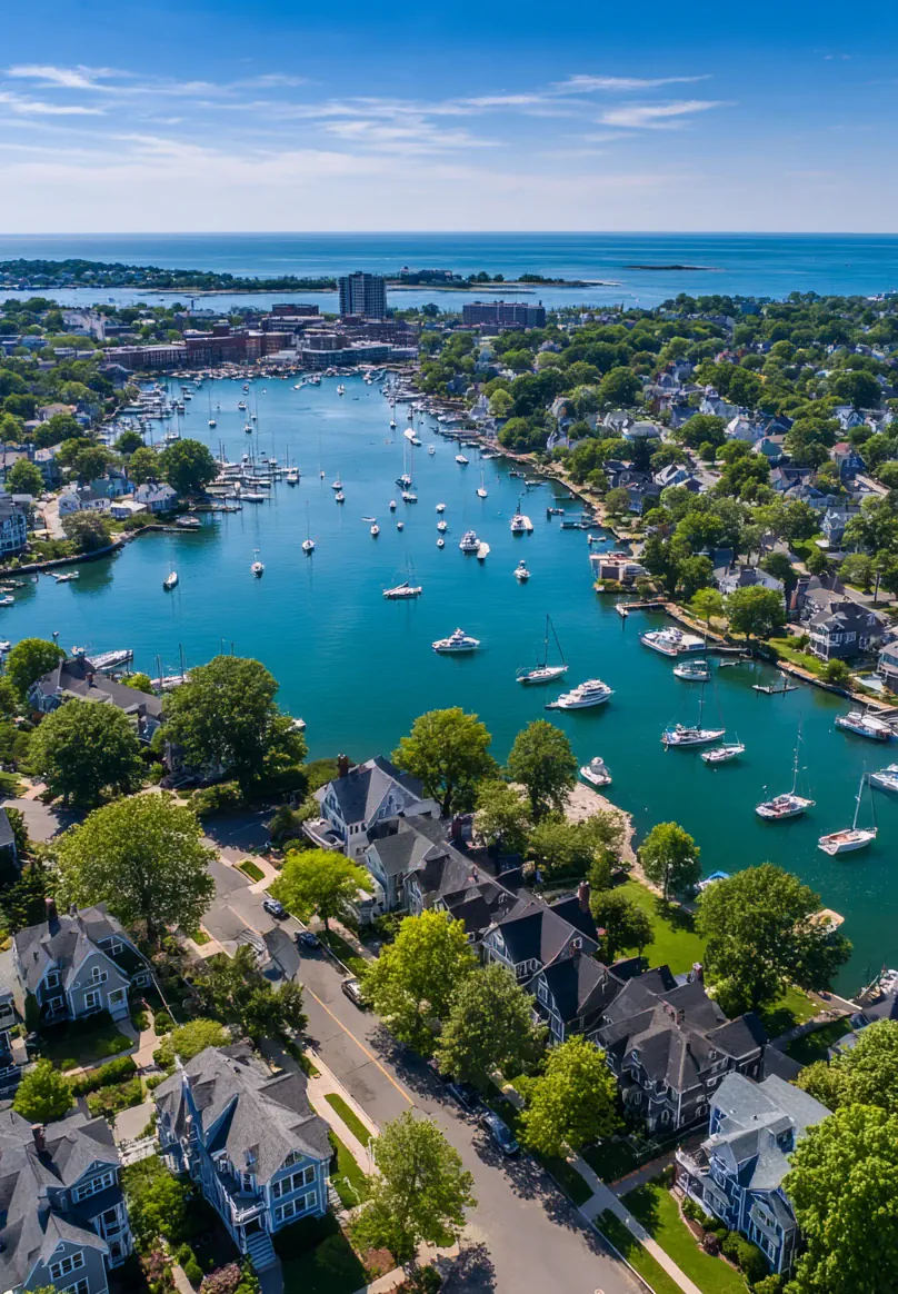 Aerial view of Norwalk Harbor and surrounding Norwalk, Connecticut neighborhoods