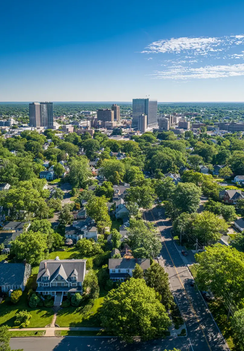 Aerial view of tree-lined Stamford neighborhoods with the downtown Connecticut skyline in the distance