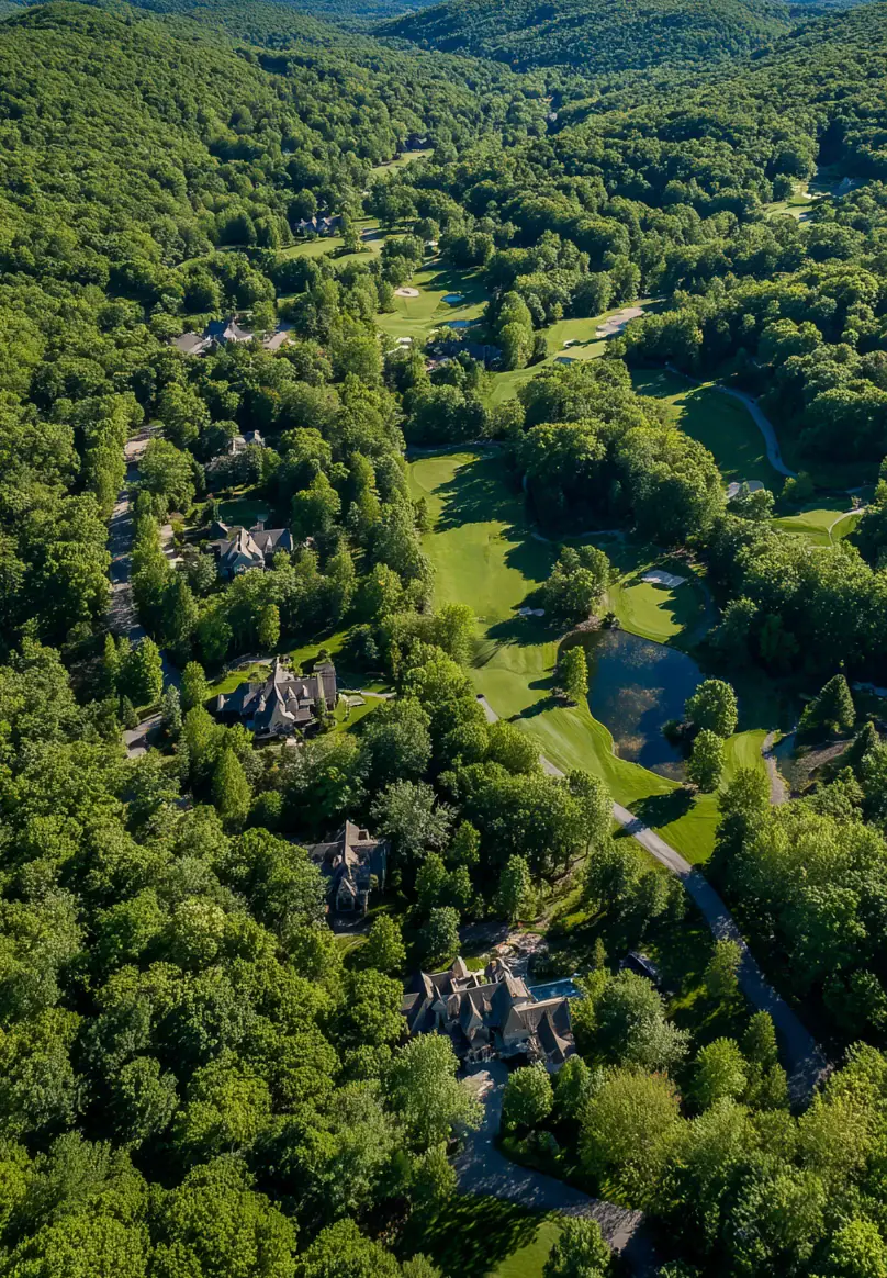 Aerial view of wooded residential estates and rolling green terrain in Weston, Connecticut