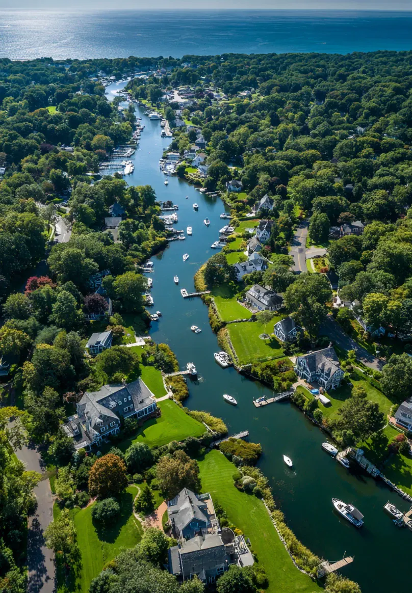 Aerial view of the Saugatuck River, coastal neighborhoods, and Long Island Sound in Westport, Connecticut