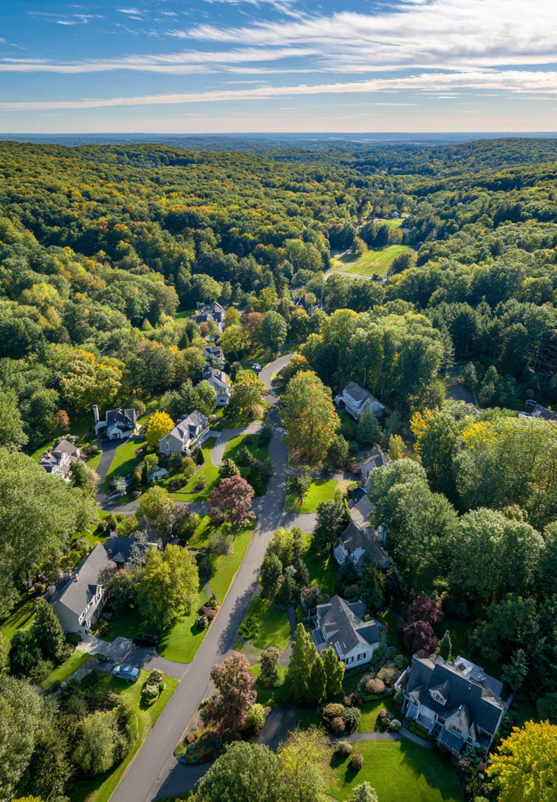 Aerial view of a wooded residential neighborhood and rolling landscape in Wilton, Connecticut