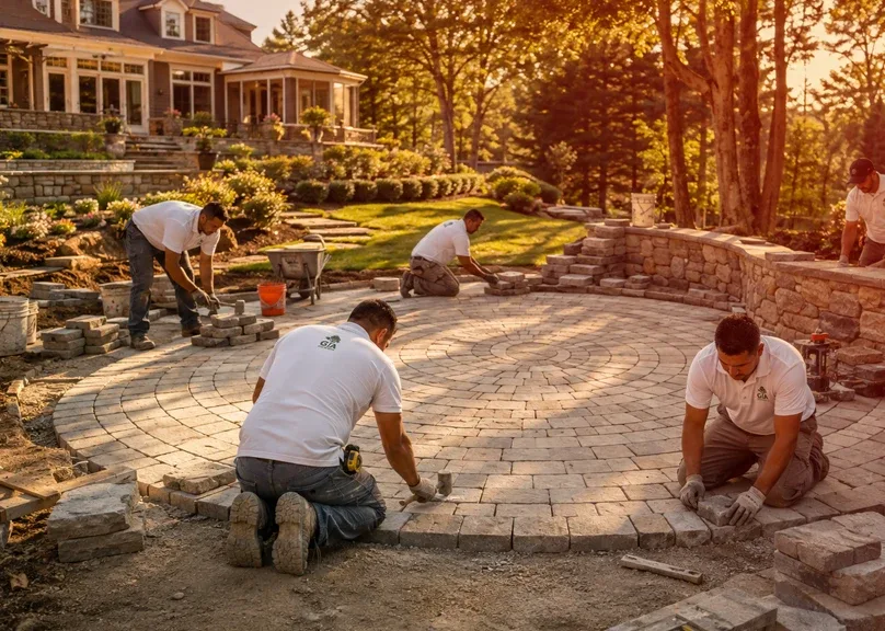 Masonry crew installing a circular paver patio at a Fairfield County home