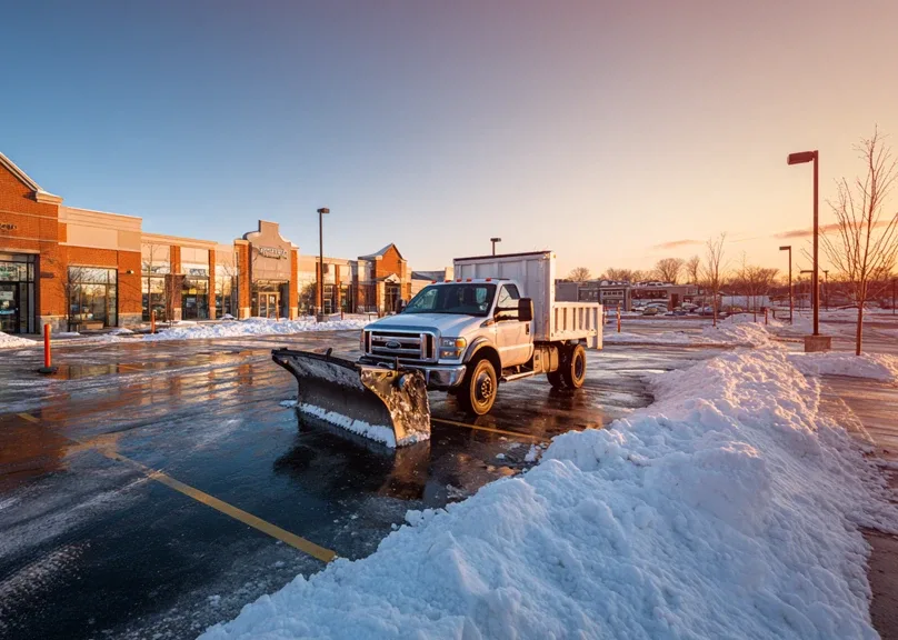 Snow plow truck clearing a commercial parking lot in Fairfield County