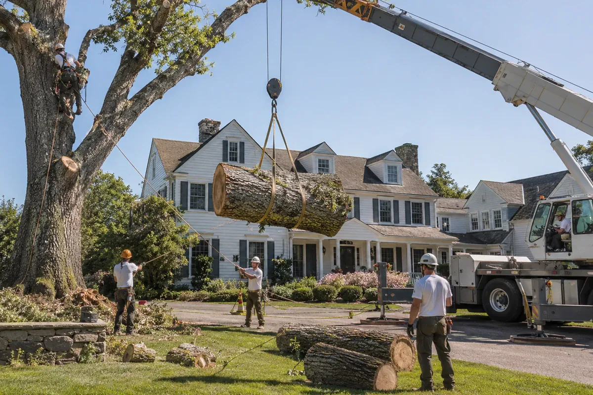 Tree removal crew using a crane to safely lower a large trunk section beside a Norwalk, Connecticut home