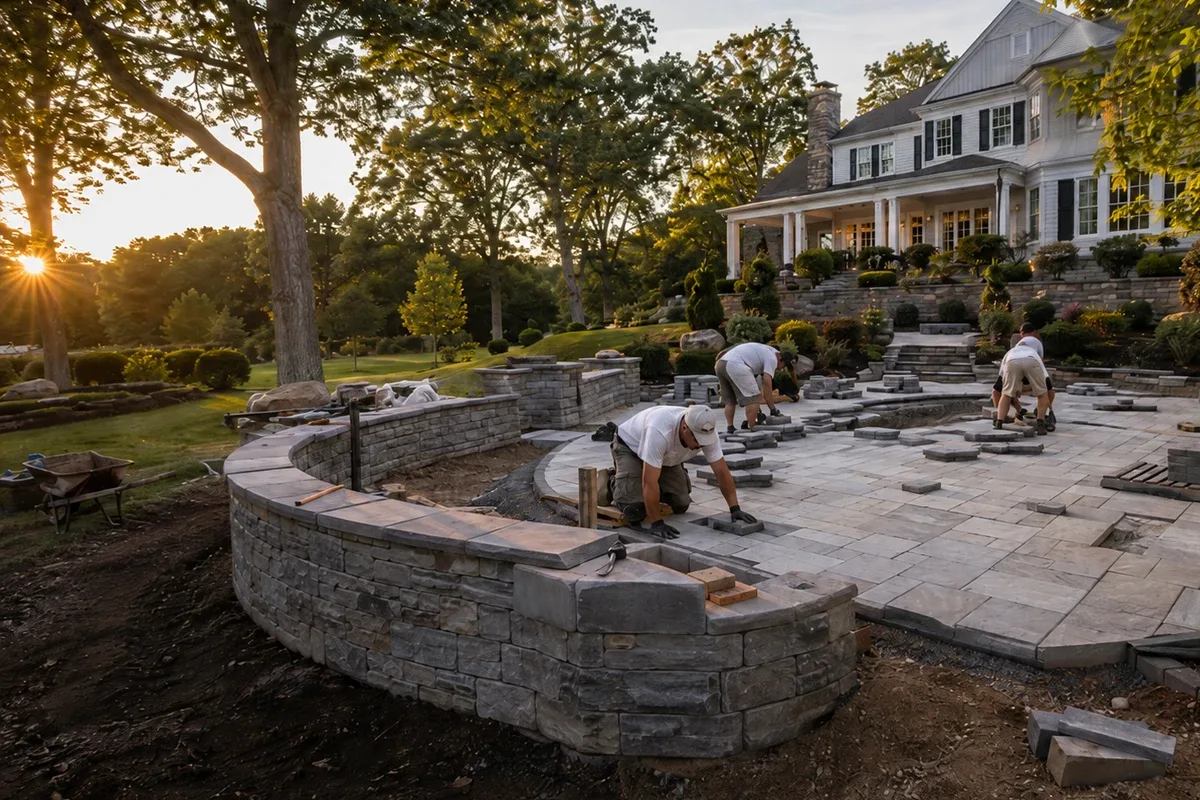 Masonry crew installing a custom stone patio and retaining wall at a Fairfield County home