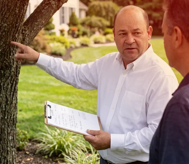 Gilberto Avalos discussing an on-site property estimate with a homeowner