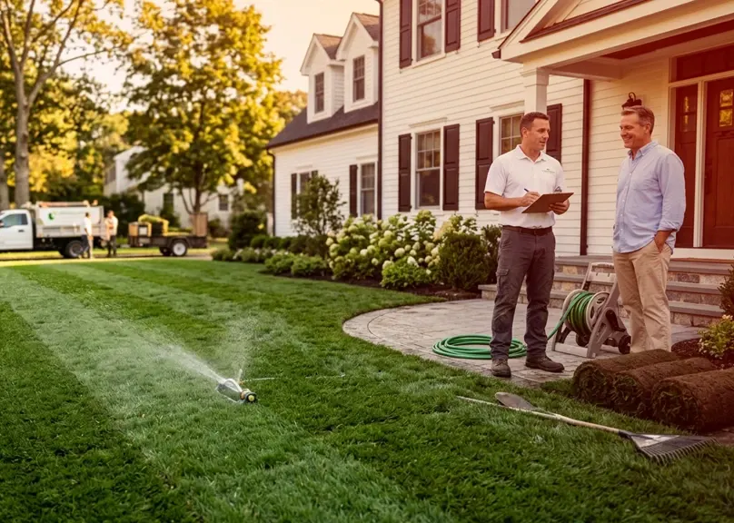 Landscaping professional reviewing watering and new sod establishment with a Fairfield County homeowner