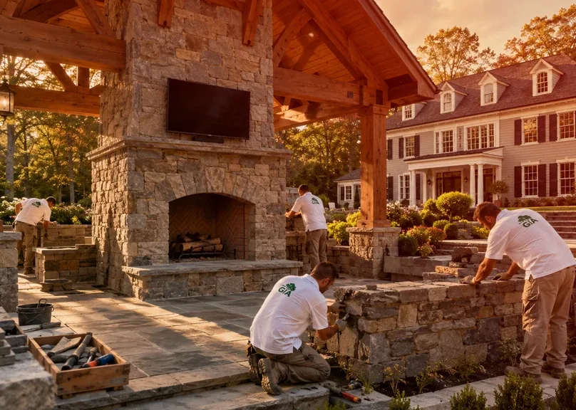 Masonry crew constructing an outdoor stone fireplace and patio in Fairfield County