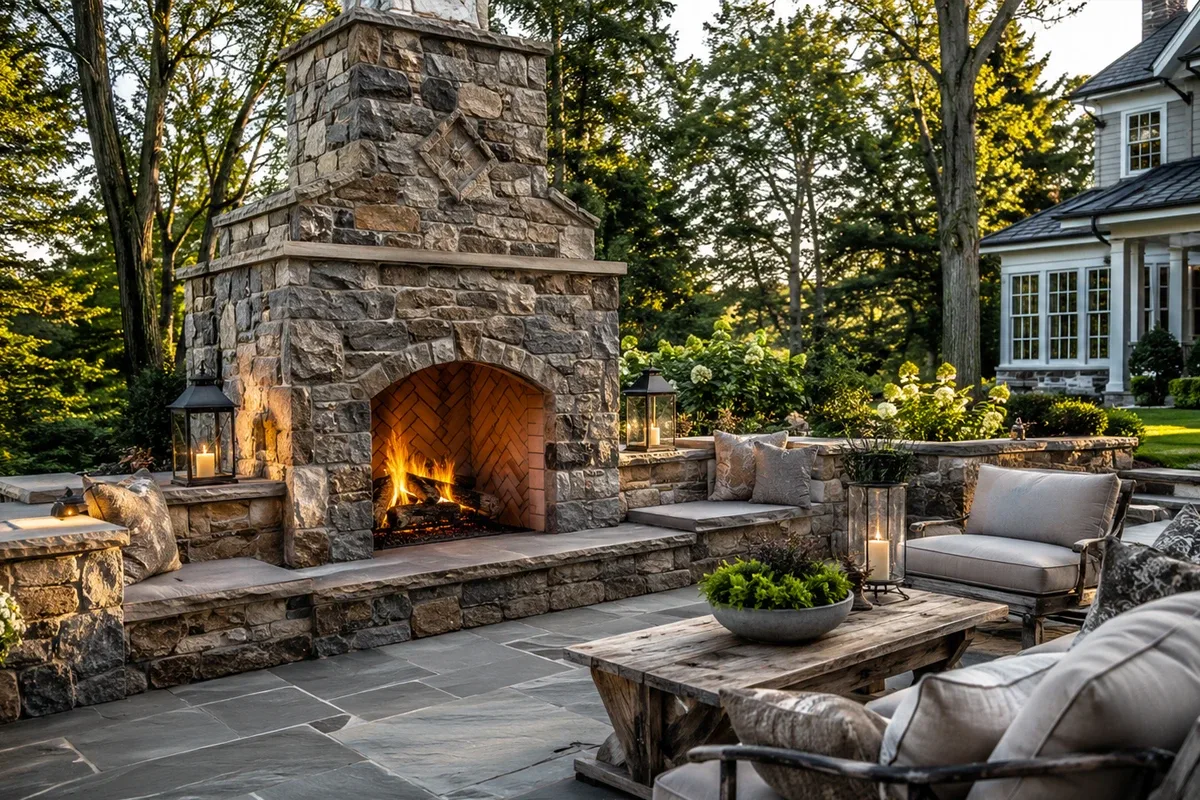Finished outdoor stone fireplace and patio at a Fairfield County residence