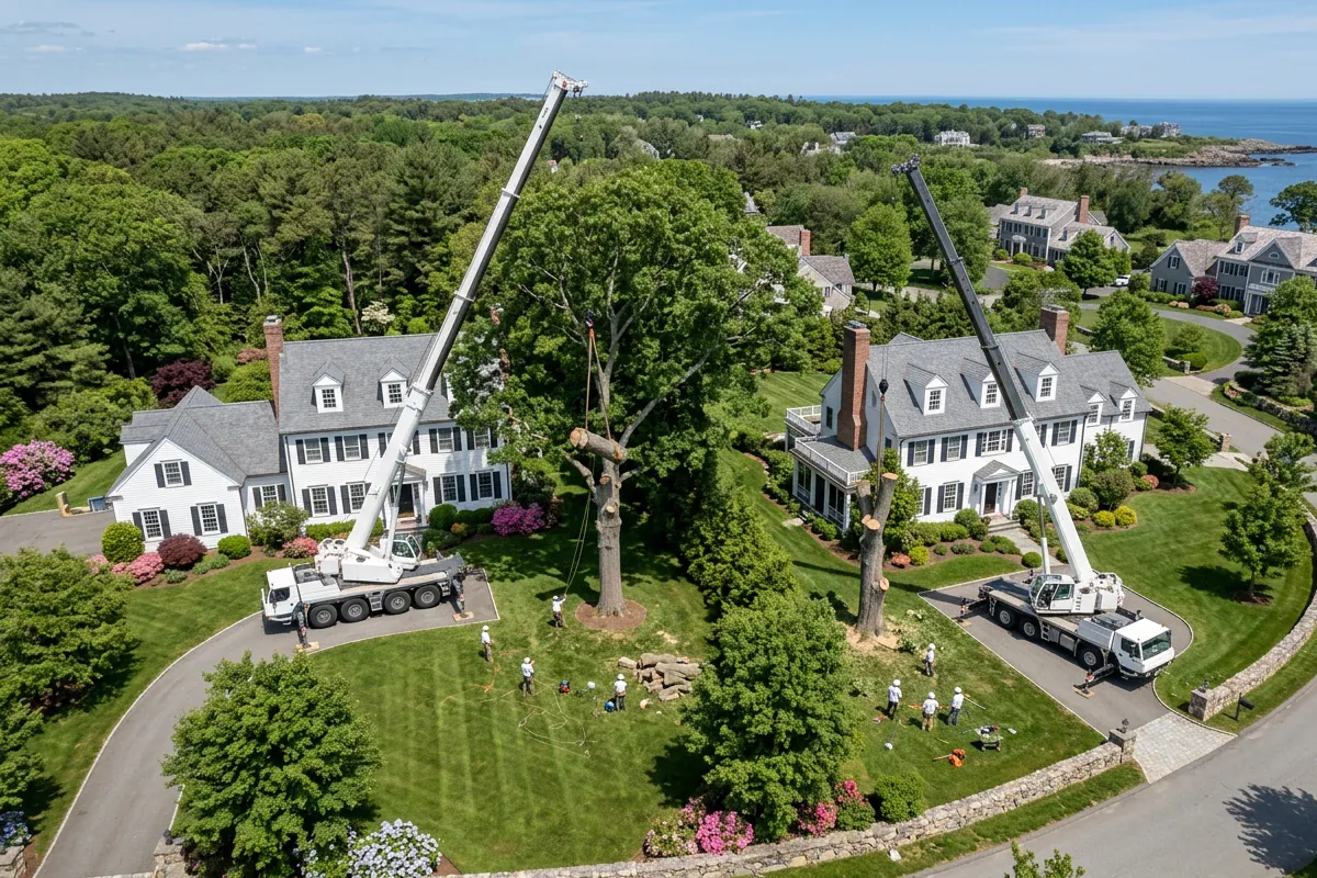 Professional crane-assisted tree removal at residential properties in Fairfield County