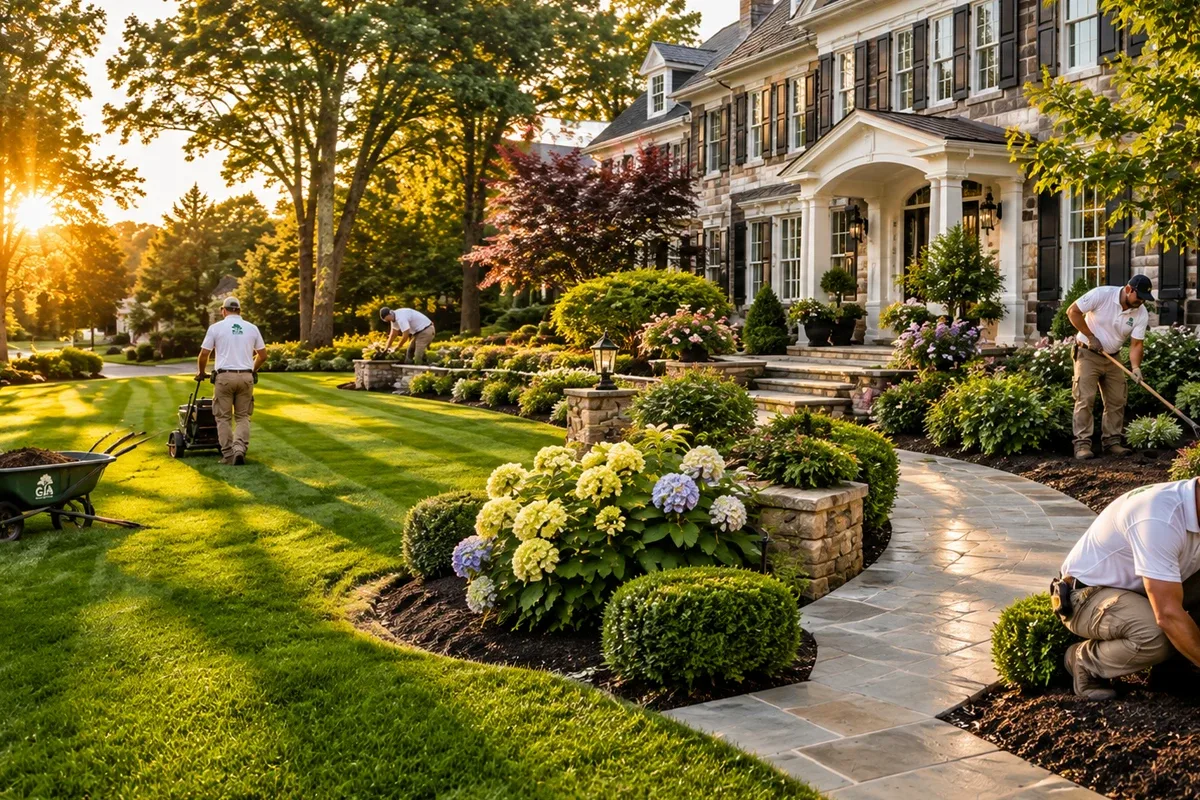 Professional landscaping crew maintaining the lawn, gardens, and plantings at a Fairfield County home