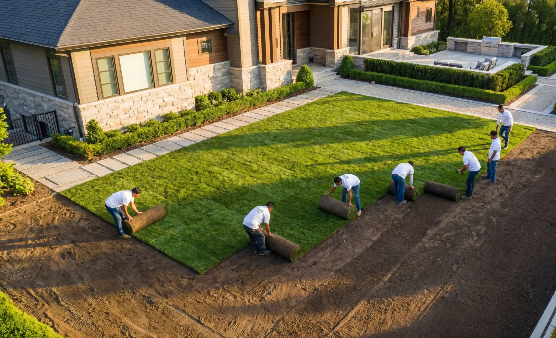 Landscaping crew installing rolls of sod at a Fairfield County residential property