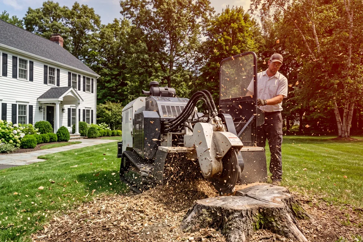 Professional operator grinding a stump at a Fairfield County property
