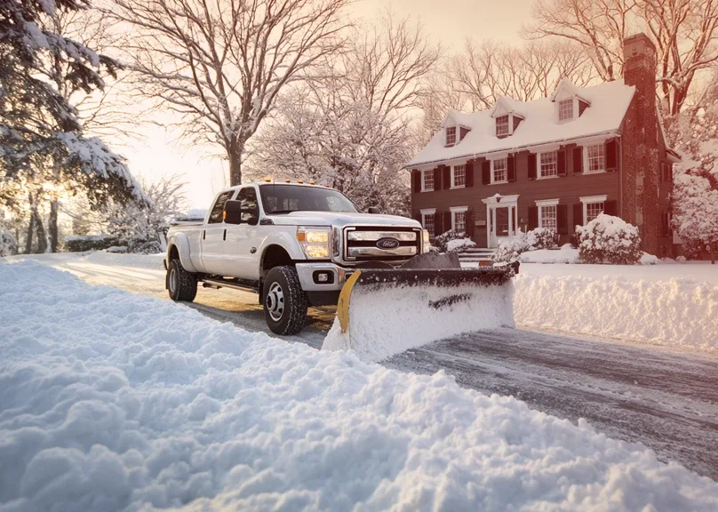 Snow plow truck clearing a residential driveway in Fairfield County