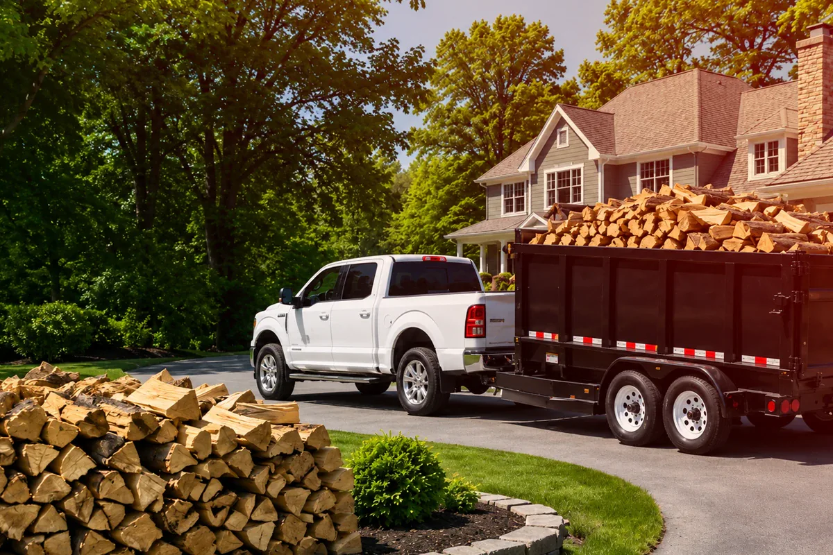Residential firewood delivery trailer loaded with split hardwood in Fairfield County
