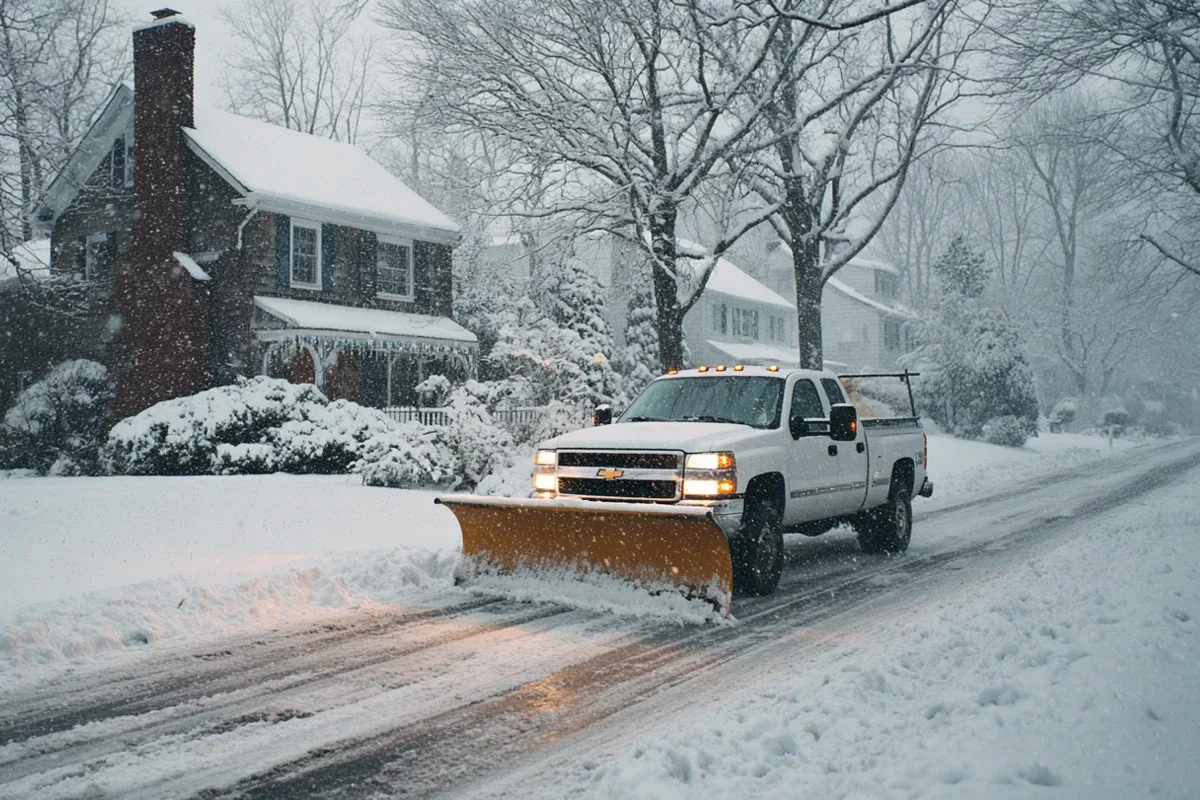 Snow plow truck clearing a residential street during a Fairfield County winter storm