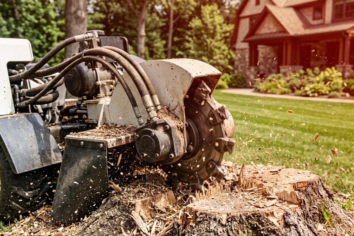 Stump grinding machine removing a stump from a residential property
