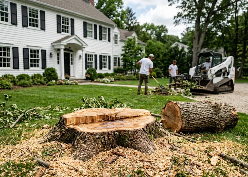Residential tree removal cleanup with a cut stump and debris