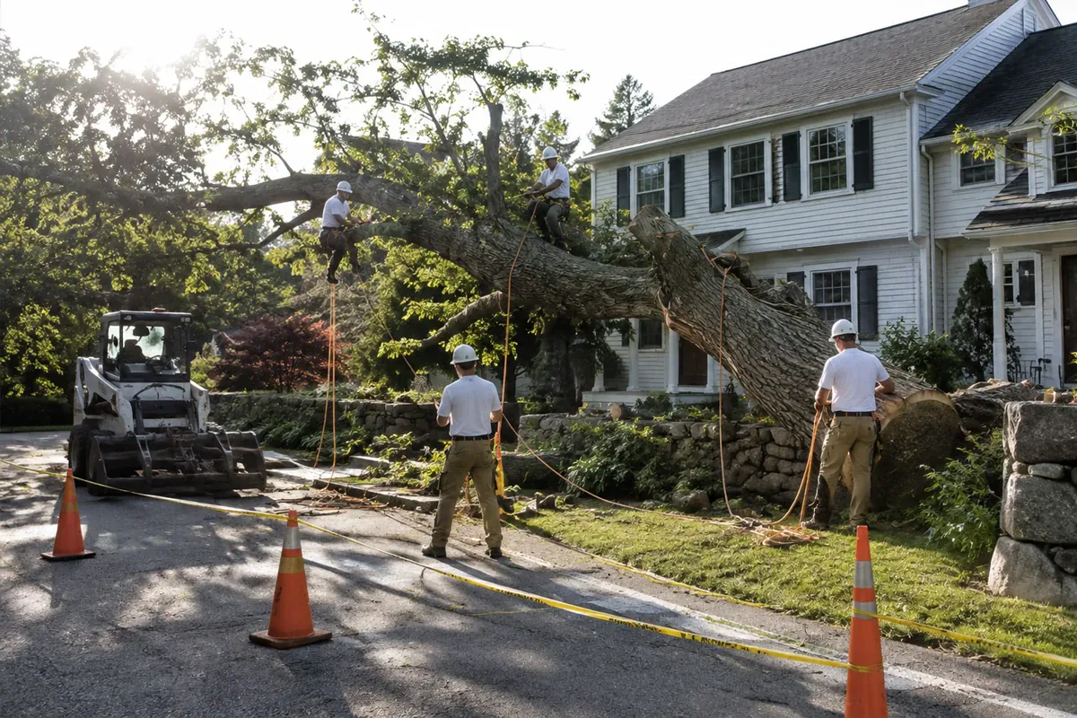 Tree removal crew securing a large fallen tree beside a Norwalk, Connecticut home