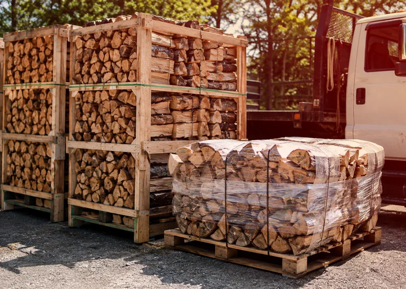 Seasoned firewood pallets prepared for local delivery in Fairfield County