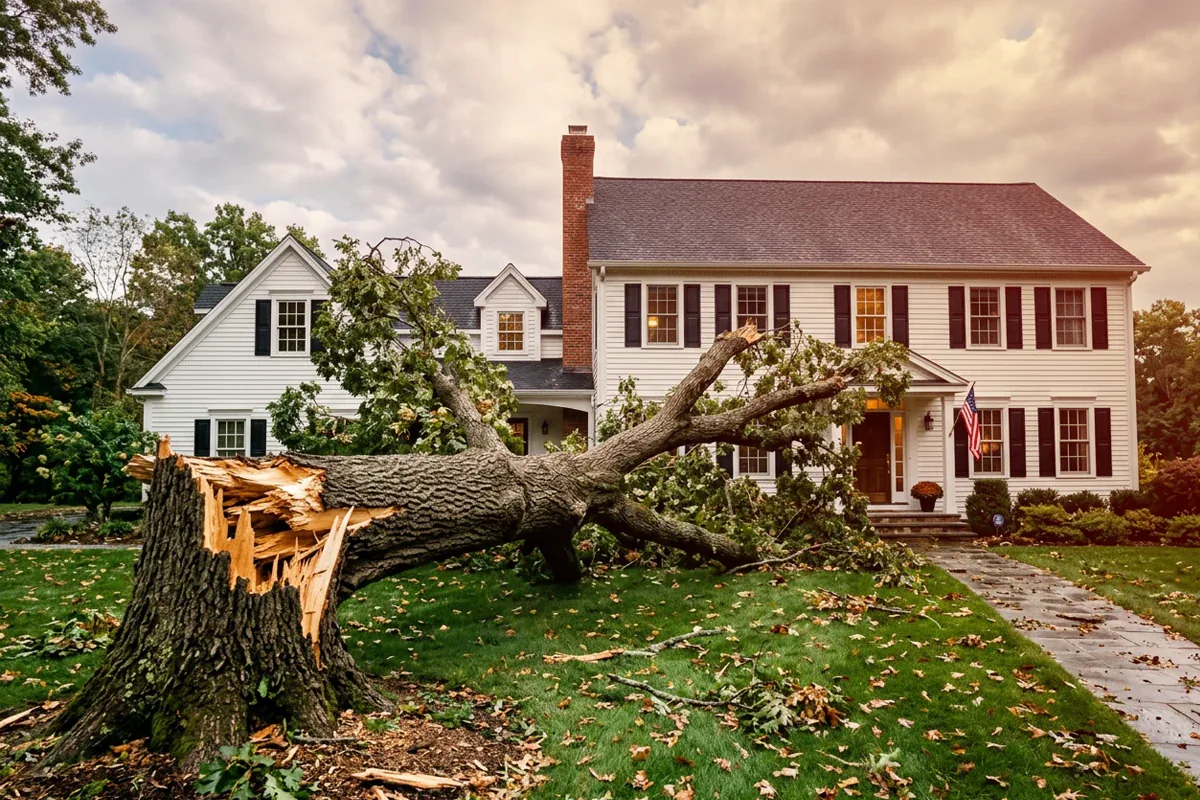 Storm-damaged fallen tree awaiting removal from a residential property