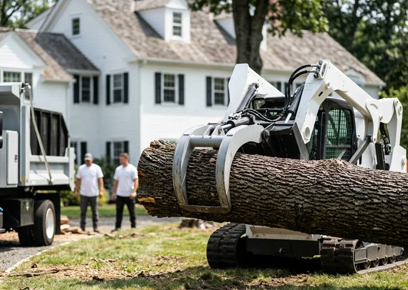 Compact loader moving a cut tree log during residential cleanup